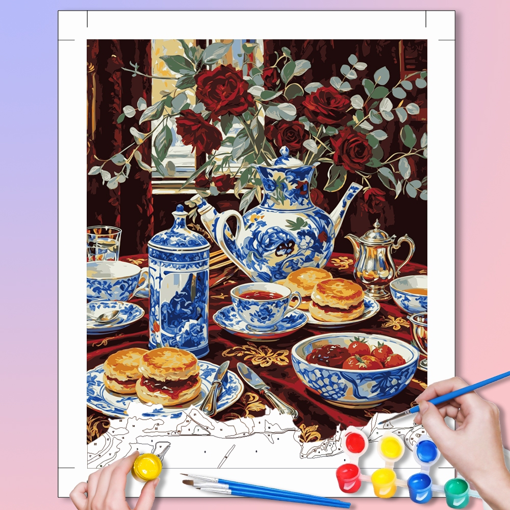 ACANDYL Handmade Paint by Numbers Kit - Elegant Blue Hydrangea & Blue White Porcelain Table Setting, DIY Relaxing Hobby, Stress Relief & Home Wall Decor Gift (30x40cm พร้อมกรอบ)