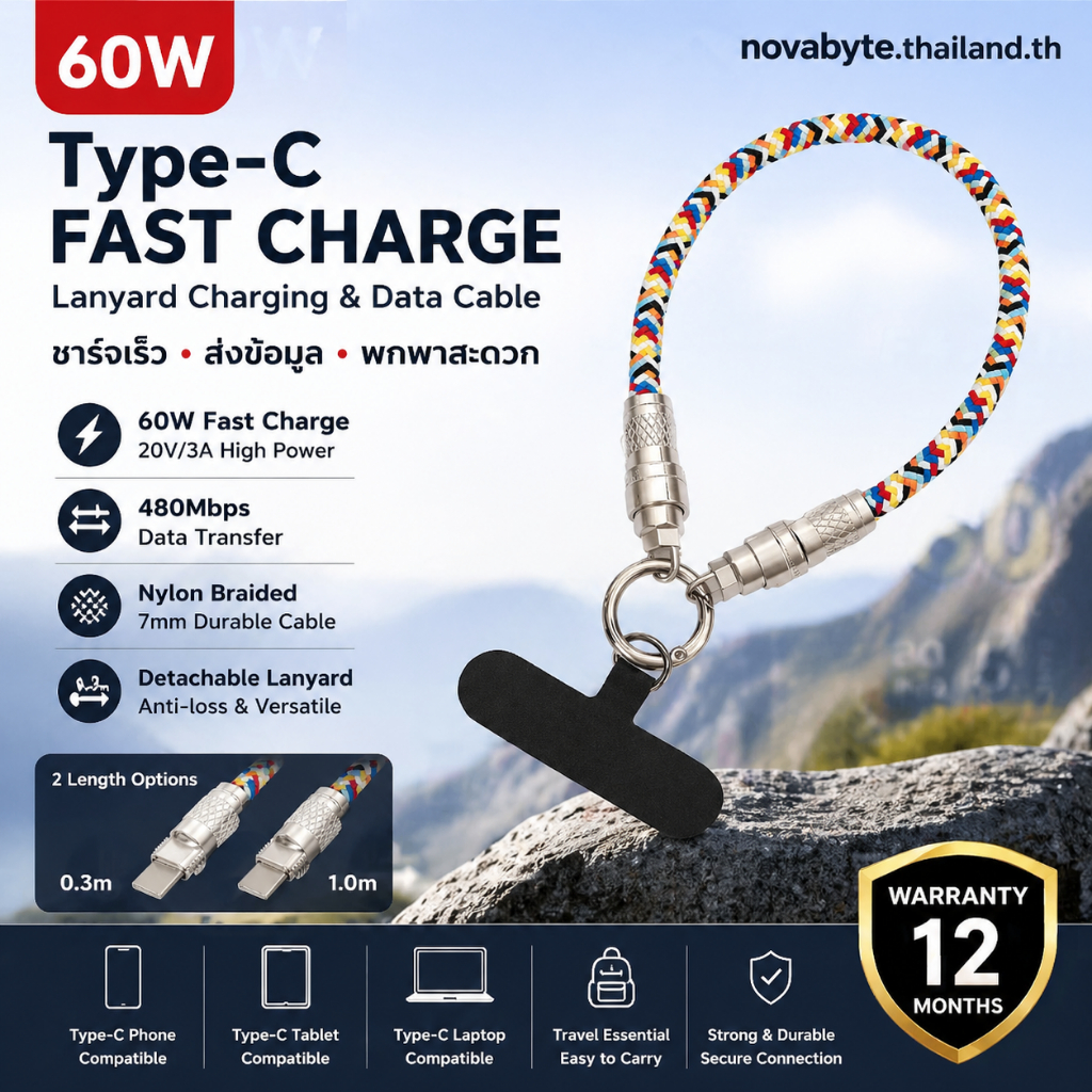 สายคล้องคอชาร์จ Type-C to Type-C 60W ถ่ายโอนข้อมูลได้ 480Mbps ใช้เป็นสายสะพายกันหาย ไนลอนถัก ถอดแยกไ