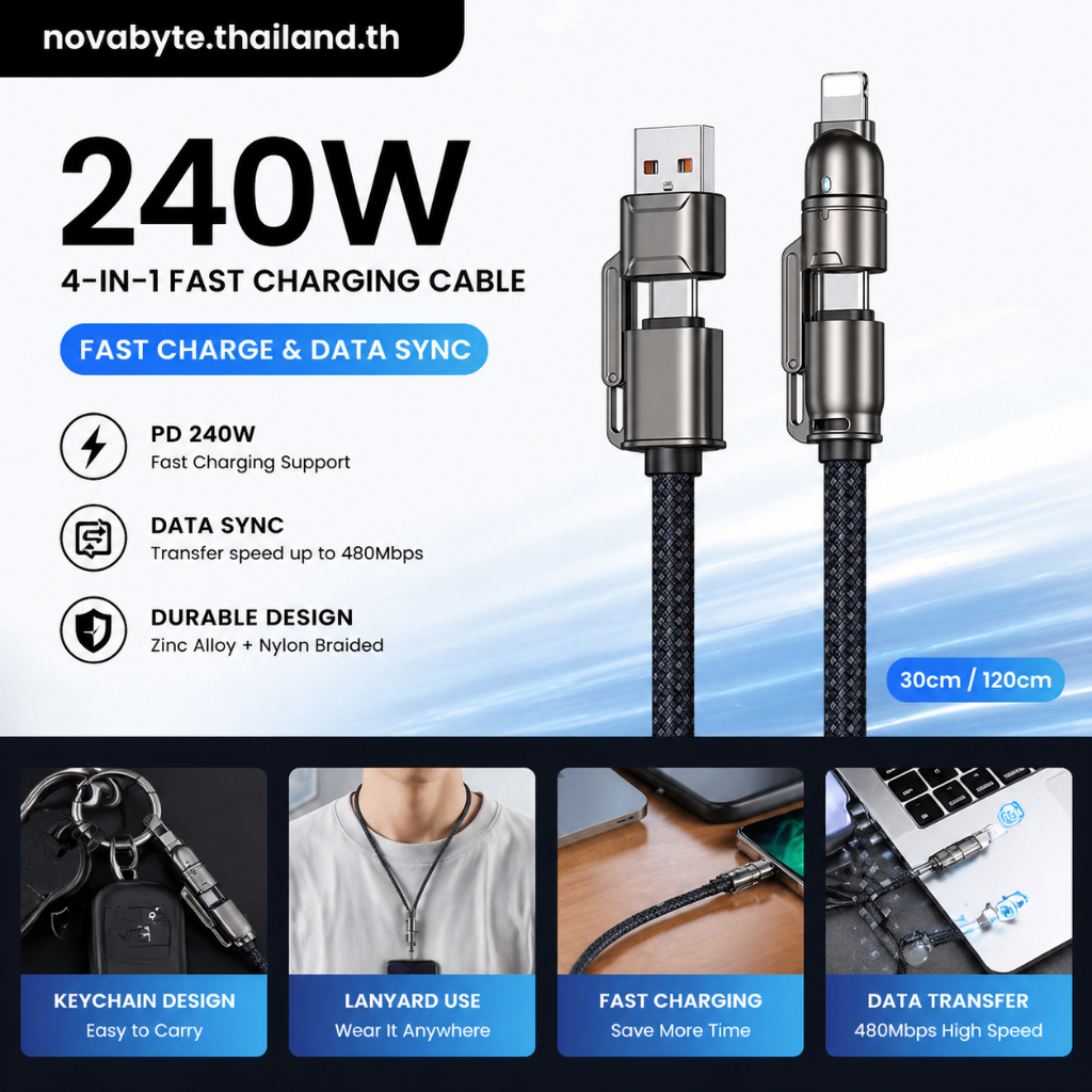 สายชาร์จคล้องคอแบบพวงกุญแจ Type-C to C / Type-C to iOS PD60W PD27W ถ่ายโอนข้อมูลได้ 480Mbps สายถักซิ