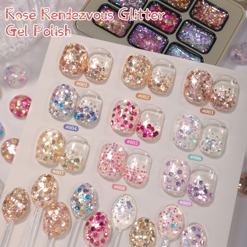 MORDDA-Rose Color Sequin Gel Nail Polish Set, 9 สี, Shining Long-Lasting, เหมาะสําหรับ All Seasons