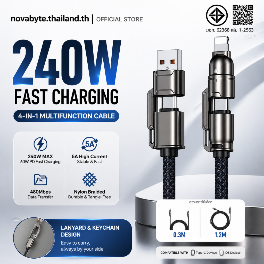 สายชาร์จคล้องคอแบบพวงกุญแจ Type-C to Type-C / C to iOS รองรับ PD ชาร์จเร็ว 60W/27W ถ่ายโอนข้อมูล 480