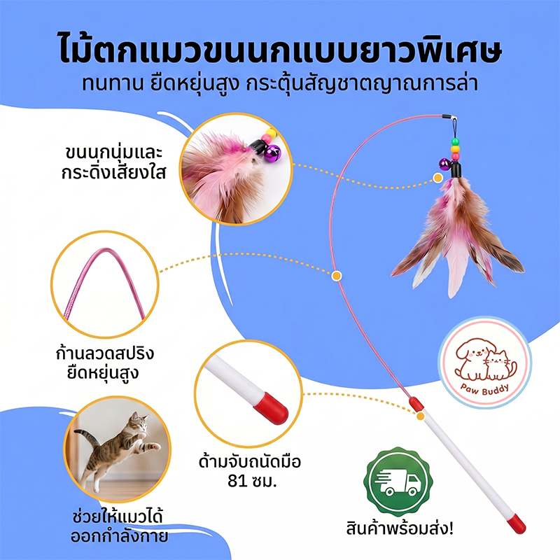 【Paw Buddy】ไม้ตกแมว ของเล่นแมว ไม้ล่อแมว แบบโค้ง ปลายขนไก่ ขนนกหลายสี มีกระดิ่ง