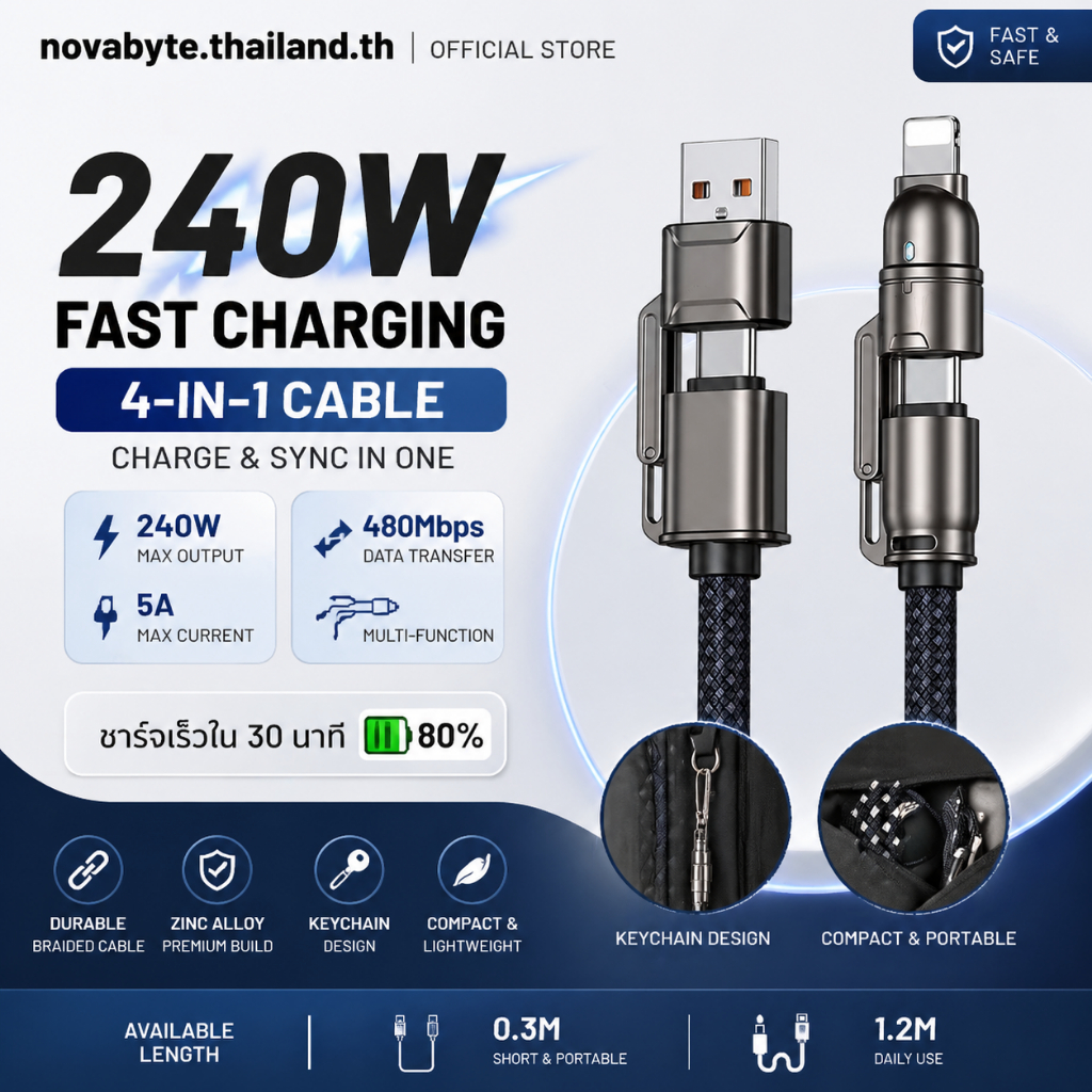 สายชาร์จเร็ว Type C แบบคล้องคอ ถักไนลอน 0.3M/1.2M C to C 60W หรือ Type C to iOS 27W โอนข้อมูล 480Mbp
