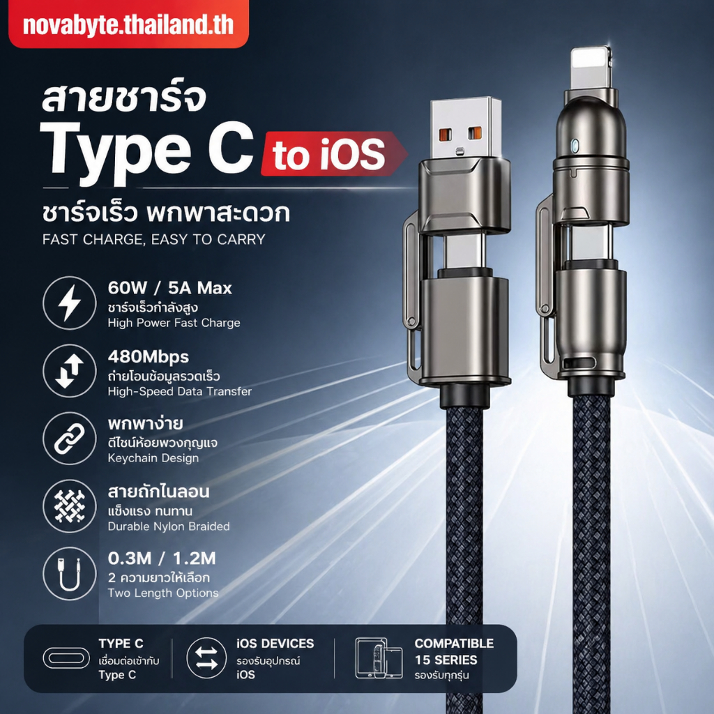 สายชาร์จเร็วแบบคล้องคอ Type C / C to iOS 0.3M 1.2M รองรับชาร์จ 60W 27W โอนถ่ายข้อมูล 480Mbps ถักเปีย