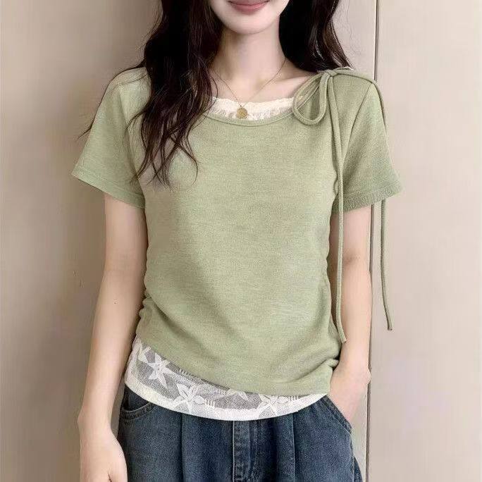 เสื้อยืดแขนสั้นไม่สม่ําเสมอสองชิ้นปลอมแฟชั่นลําลองหลวมและแมทช์ง่าย