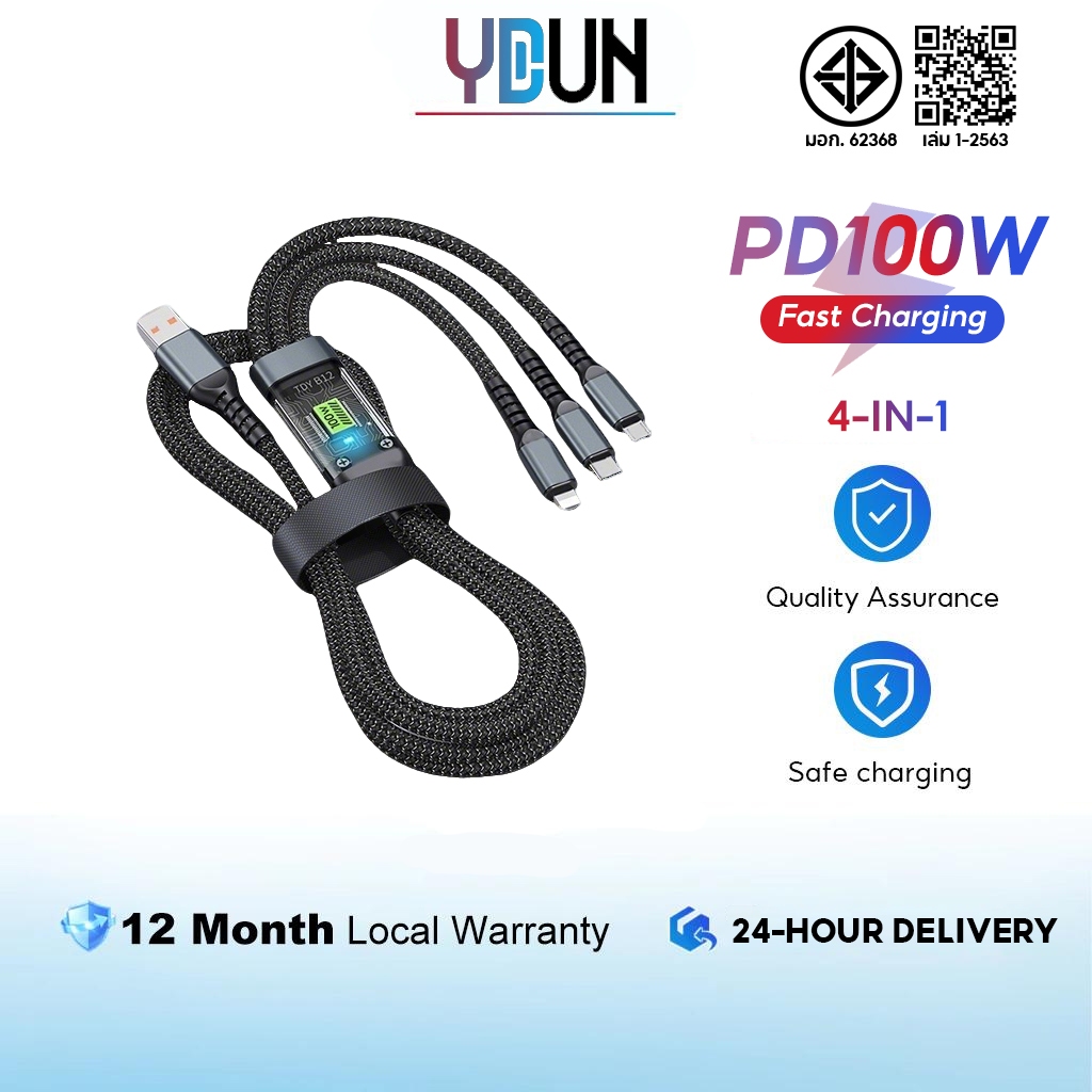 YDUN 3in1 PD 100W สายชาร์จเร็ว ยาวการชาร์จเร็วสุด สายชาร์จ LED 6A USB Cable ชาร์จเร็ว สำหรับ Micro/Type-C/lOS