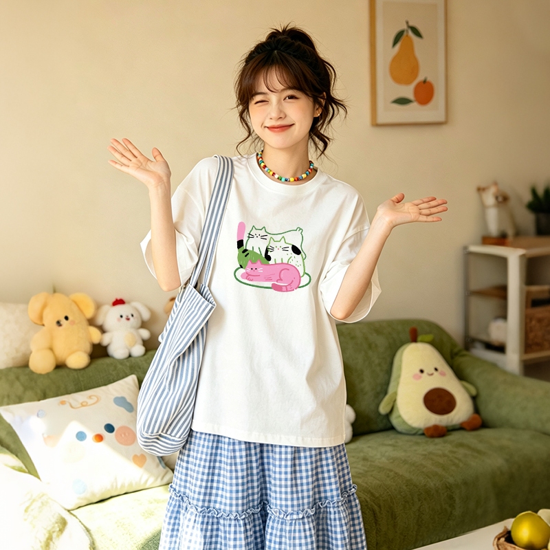 เสื้อยืดสีขาวผู้หญิง ทรงโอเวอร์ไซซ์ สไตล์เกาหลี ฤดูร้อน ผ้าฝ้าย ใส่สบาย