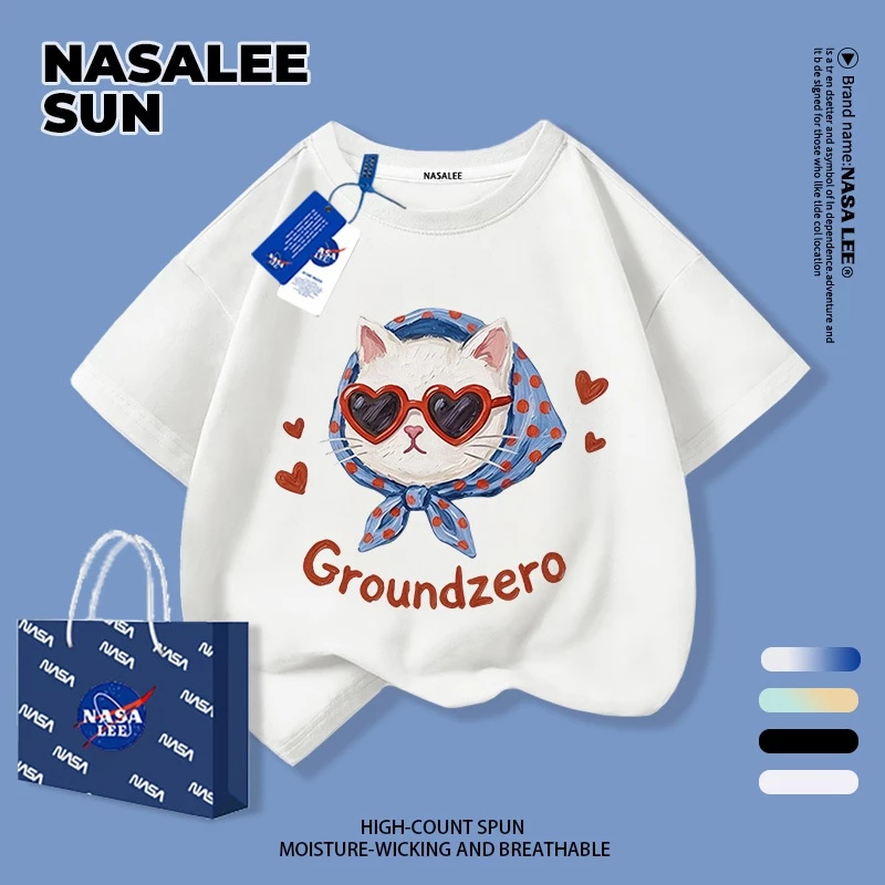 [กรุงเทพฯ จัดส่ง] เด็กผ้าฝ้ายเสื้อยืดสีขาวการ์ตูนแมวสนุกพิมพ์ฤดูร้อนเสื้อผ้าระบายอากาศแขนสั้นเหมาะสําหรับ 3-16 ชายหญิง