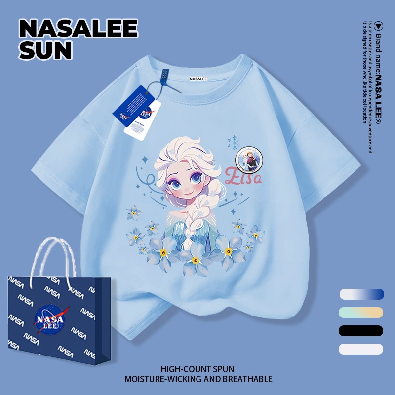 [กรุงเทพฯ จัดส่ง] เด็กผ้าฝ้ายสีฟ้าอ่อนเสื้อยืดการ์ตูนเจ้าหญิงสาวสนุกพิมพ์ฤดูร้อนเสื้อผ้าระบายอากาศแขนสั้นเหมาะสําหรับ3-16ชายหญิง