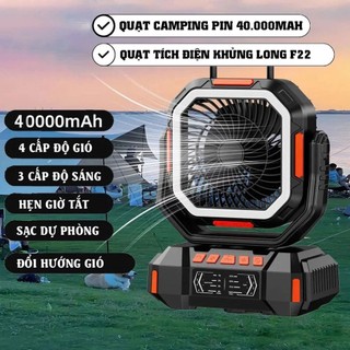 Quạt tích điện F22 pin 40.000mah chức năng đèn, quạt, quay, treo, hẹn giờ tích hợp sạc dự phòng