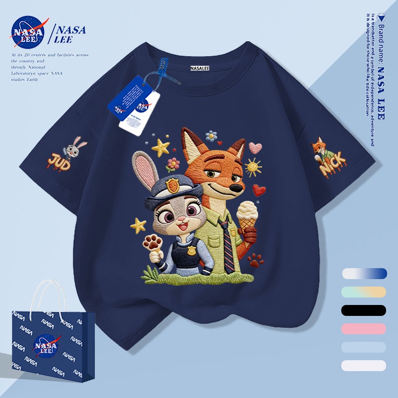 【จัดส่งวันเดียวกัน】เสื้อยืดเด็กสีน้ำเงินเข้ม ผ้าฝ้ายแท้ระบายอากาศดี ลายจิ้งจอกและกระต่ายน่ารักน่าเอ็นดูให้ฟีลเกาหลี เหมาะสำหรับอายุ 3-16 ปี ทรงหลวมสบาย แขนสั้น