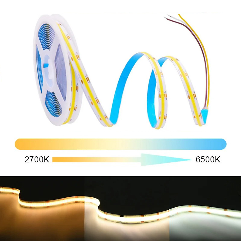 DC12V 24V 2700K-6500K CCT COB FOB LED Strip Light 608LEDs/M หรี่แสงได้ริบบิ้นแบบยืดหยุ่น 5M