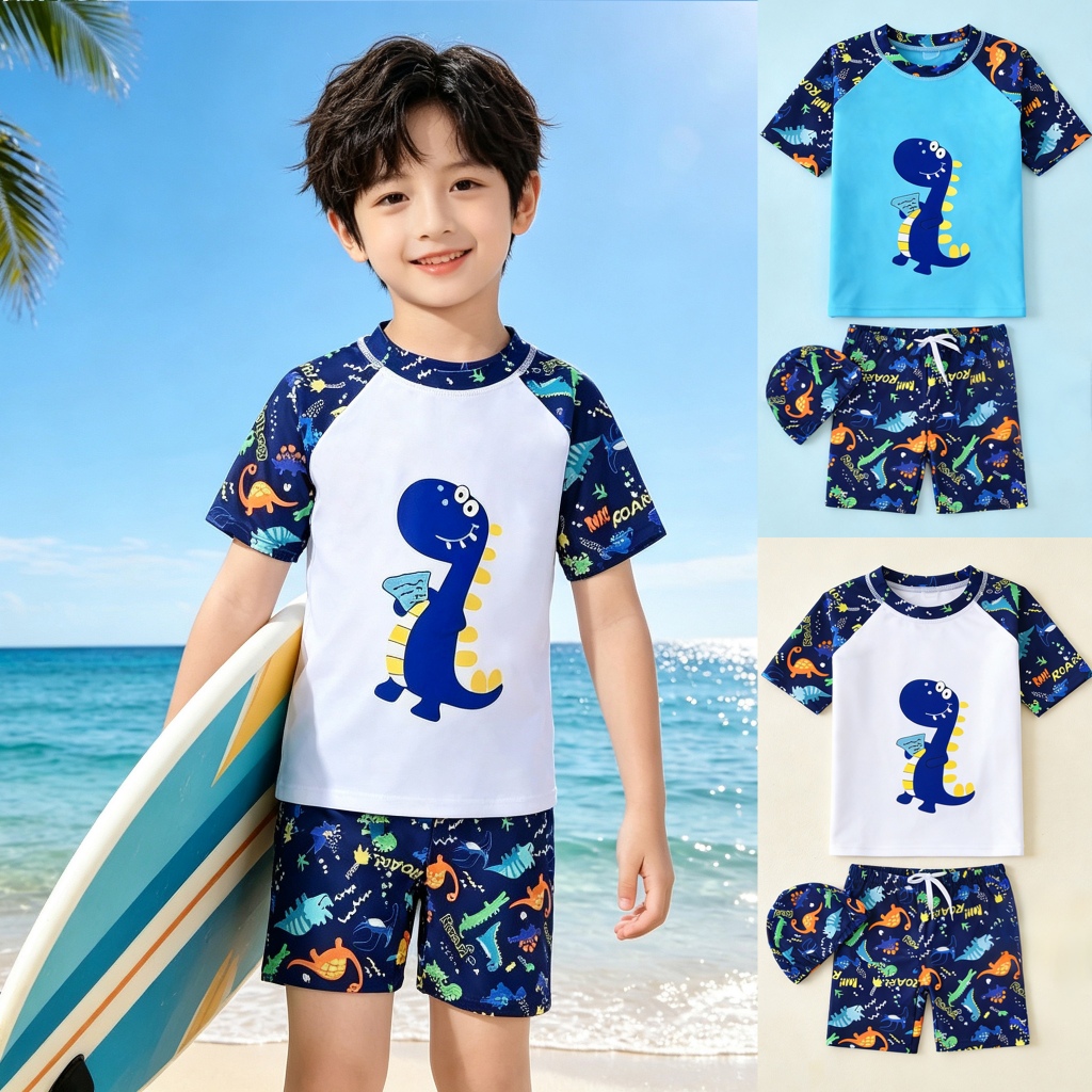 ชุดว่ายน้ำเด็กชายแบบแขนสั้น 3 ชิ้นใหม่ล่าสุด มาพร้อมลายไดโนเสาร์น่ารักและหมวกว่ายน้ำ เหมาะสำหรับเด็กชายอายุ 3-12 ปี