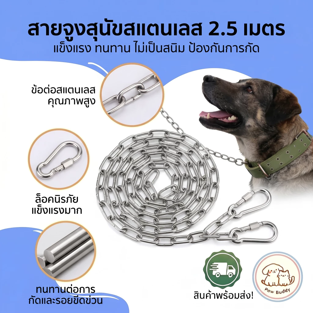 【Paw Buddy】โซ่สแตนเลส 304 สายจูงสุนัขโซ่ยาว 2.5 ม. เส้นผ่านศูนย์กลางลวด 4 มม โซ่หลายฟังก์ชัน