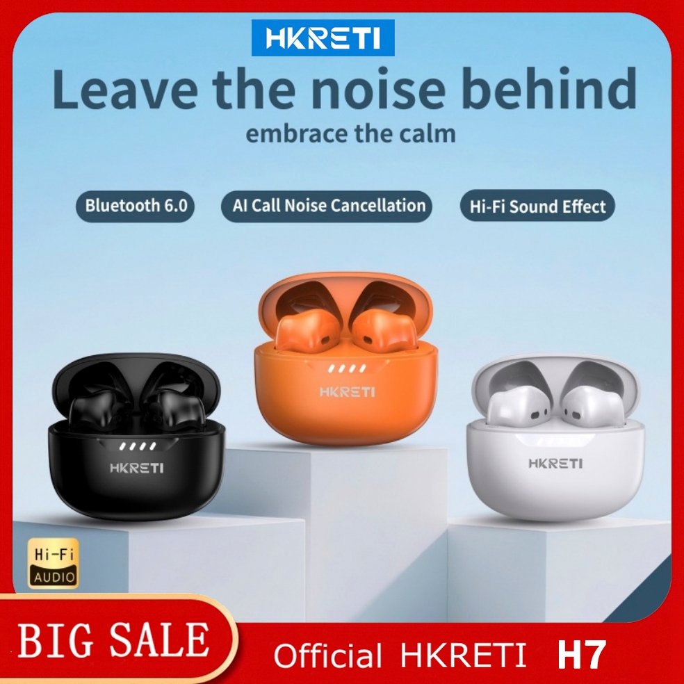 HKRETI H7 หูฟังไร้สายบลูทูธ 6.0 TWS กีฬากันน้ําลดเสียงรบกวนไฮไฟสเตอริโอใช้งานร่วมกับ Android iOS