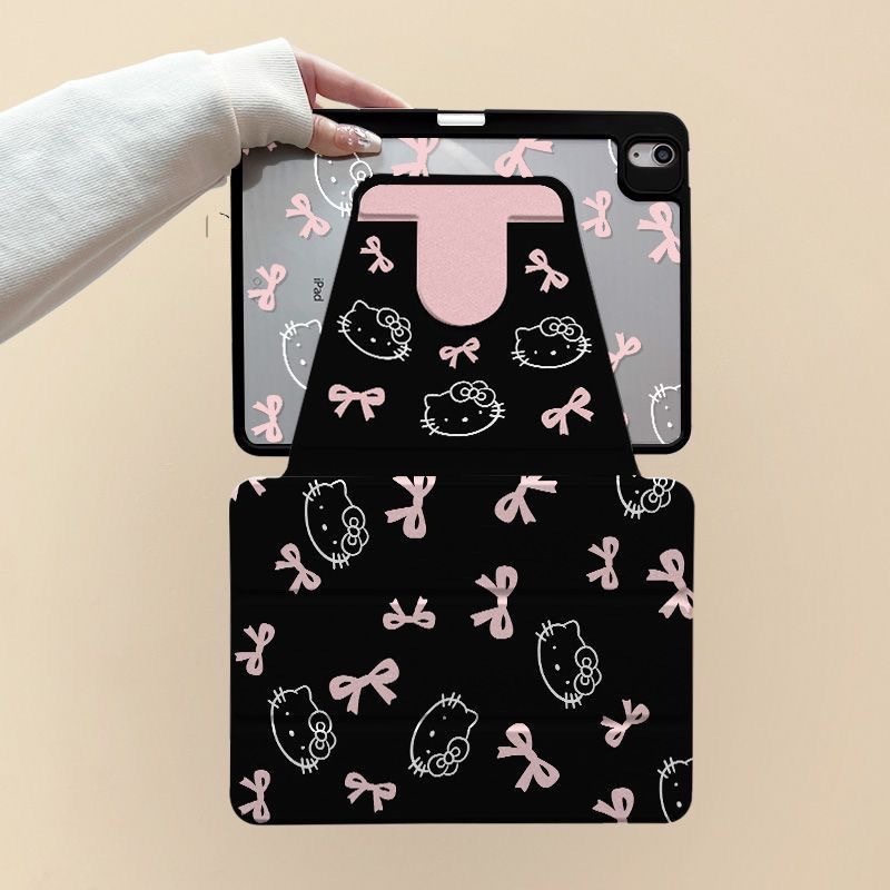 สําหรับ iPad A16 11th Air8 M4 2026 Air 7 M3 2025 M4 Pro 11 Gen10 Air 6 5 4 10.9 Gen9 Gen8 Gen7 10.2 สีชมพู Retro Hello Kitty Y-พับอะคริลิคพร้อมดินสอสล็อต