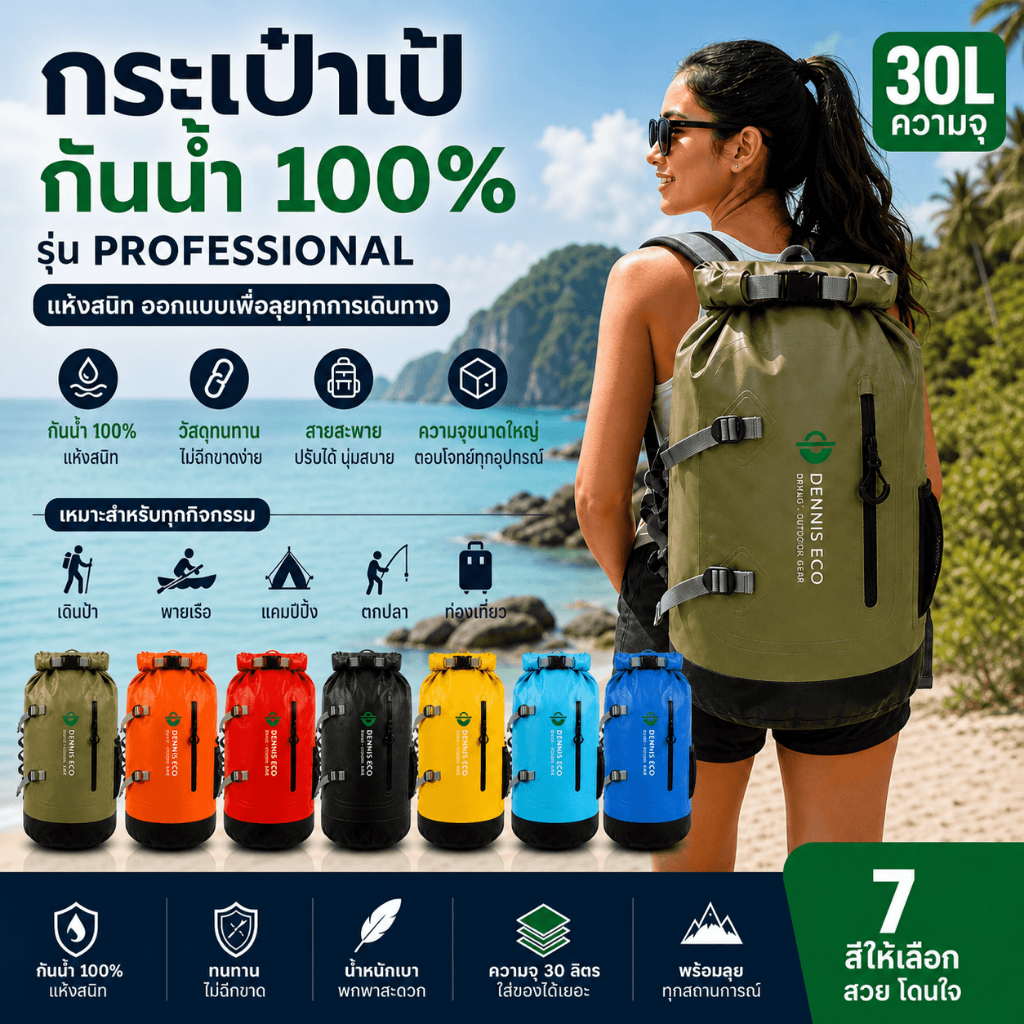 กระเป๋ากันน้ำระดับมืออาชีพ 30L แบบสะพายหลัง Dry Bag Backpack กันน้ำ 100% วัสดุพรีเมียม เหมาะสำหรับกิจกรรมกลางแจ้งทุกประเภท BAGKING กระเป๋ากันน้ําแห้งอุปกรณ์ว่ายน้ํา Ocean Pack Bucket Bag กระเป๋าเป้สะพายหลัง กระเป๋าสะพายไหล่ เกียร์กลางแจ้ง