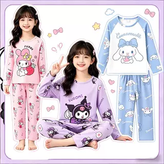 สาวการ์ตูนน่ารักชุดนอนแขนยาวKuromi cinnamoroll Pijamasสําหรับเด็กเด็กผู้หญิงชุดนอนเด็กราคาถูกWan127