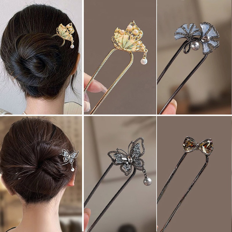 ใหม่สไตล์จีน Retro Elegant Temperament Rhinestone ผีเสื้อ Hairpin High-End u-Shaped Hairpin อุปกรณ์เสริมผม