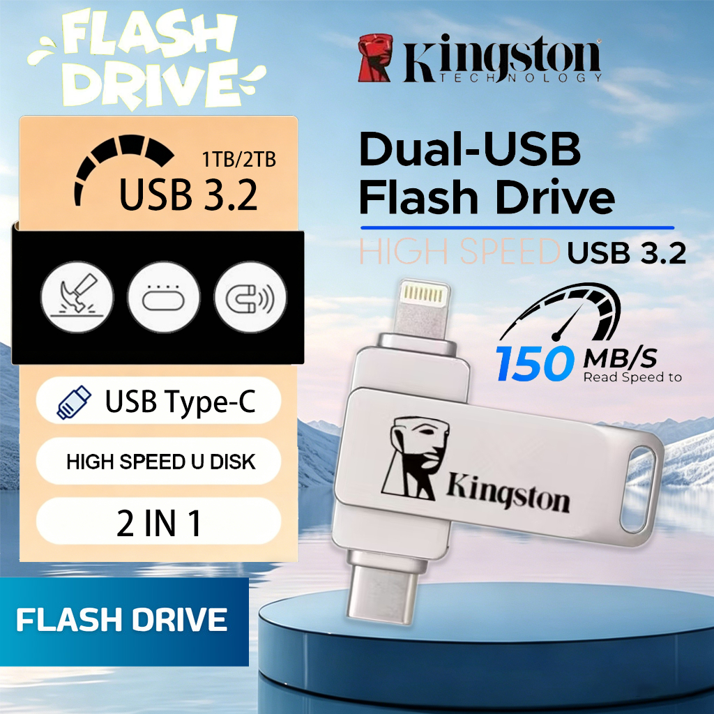 [รับประกัน 5ปี] แฟลชไดรฟ์ U Disk Kingston 3in1 USB 3.2 OTG i/o/s 1TB/2TB flashdisk Pendrive สําหรับ 