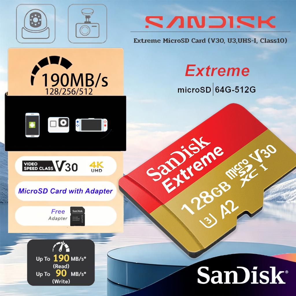 SANDISK EXTREME Micro SD การ์ด 256GB 128GB 64GB SDXC A2 U3 R/W 190/90mb/s* (SDSQXAV) Nintendo Switch