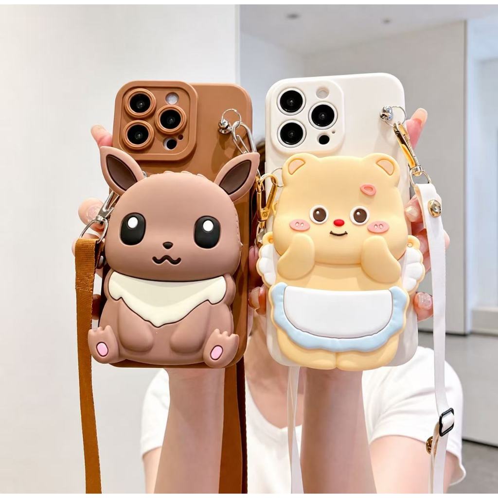 กระเป๋าสตางค์ซิปการ์ตูนน่ารัก 3D พร้อม Crossbody Lanyard ซิลิโคนนุ่มกันกระแทกพร้อมกระเป๋าใส่เหรียญสำ