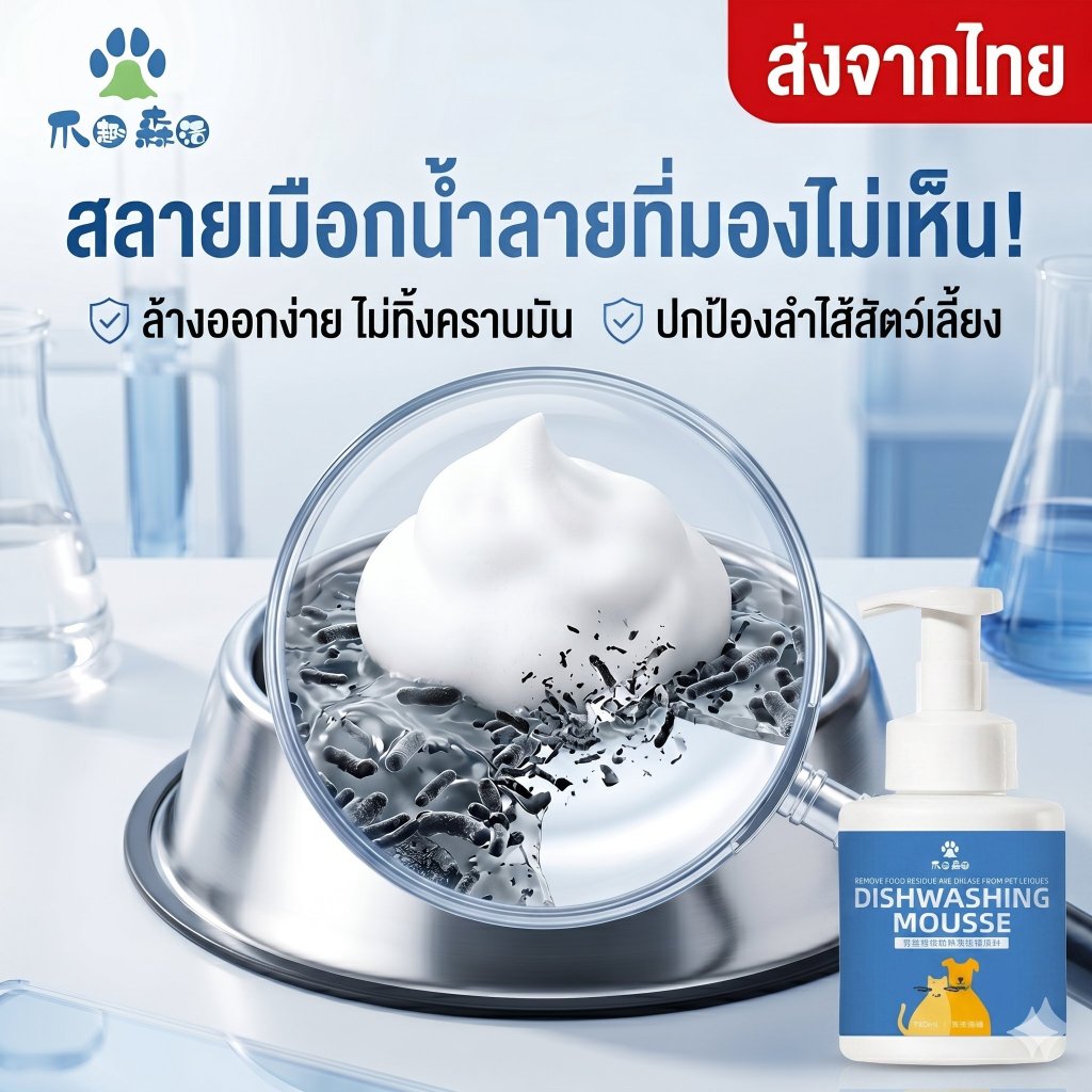 น้ำยาล้างชามแมว สุนัข (เนื้อมูส) ขจัดคราบมัน สลายคราบน้ำลาย ลดคางดำ ไร้สารตกค้าง ถนอมมือ ไร้สารเคมี