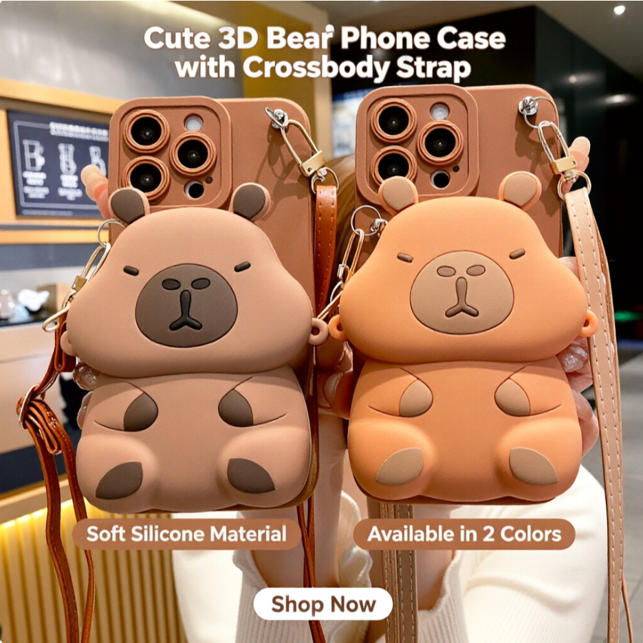 Capybara น่ารักซิปกระเป๋าสตางค์เคสโทรศัพท์พร้อมสายคล้อง Crossbody, 3D การ์ตูนซิลิโคนนุ่มกันกระแทกฝาค