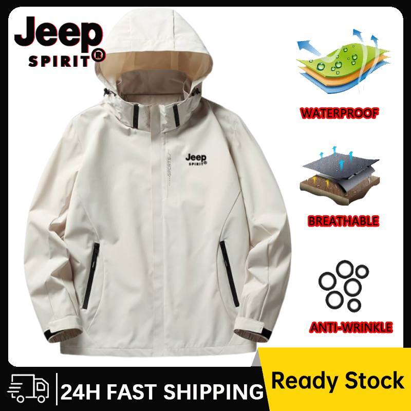 JEEP SPIRIT เสื้อแจ็คเก็ตกันน้ําสําหรับ Unisex เดินป่ากลางแจ้งเสื้อแจ็คเก็ตกันลมสําหรับผู้หญิงเสื้อแจ็คเก็ตรถจักรยานยนต์ระบายอากาศสําหรับผู้ชายสีดํา