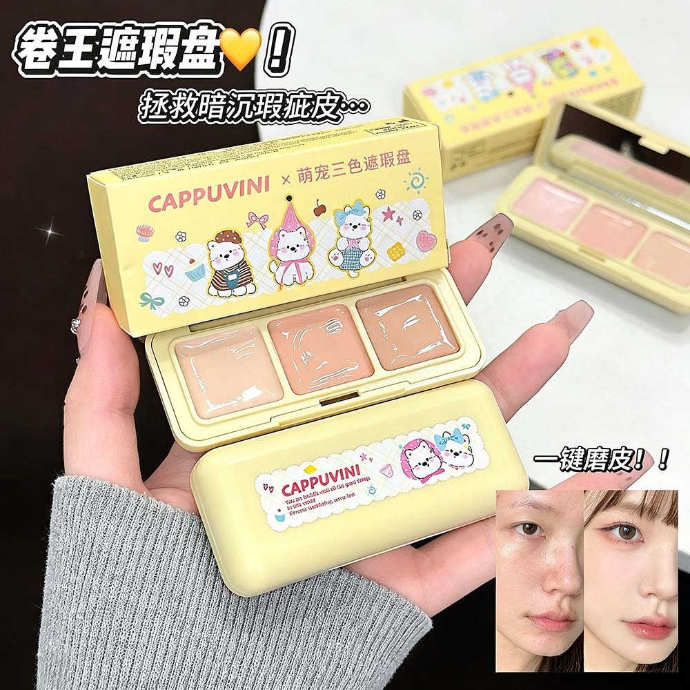 Cappuvini 3 สีคอนซีลเลอร์ Palette Full Coverage สําหรับ Dark Circles Acne Spots Brightening & Correc