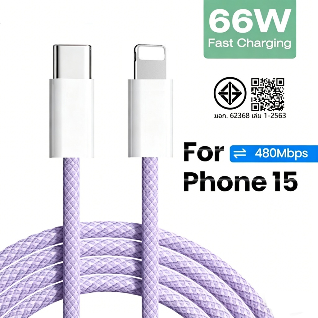 สายชาร์จ สีพาสเทล ชาร์จไวPD 66W สายยาว 1.5 เมตร USB C to IP(สำหรับ ไอ5～14pro max / ไอpad)