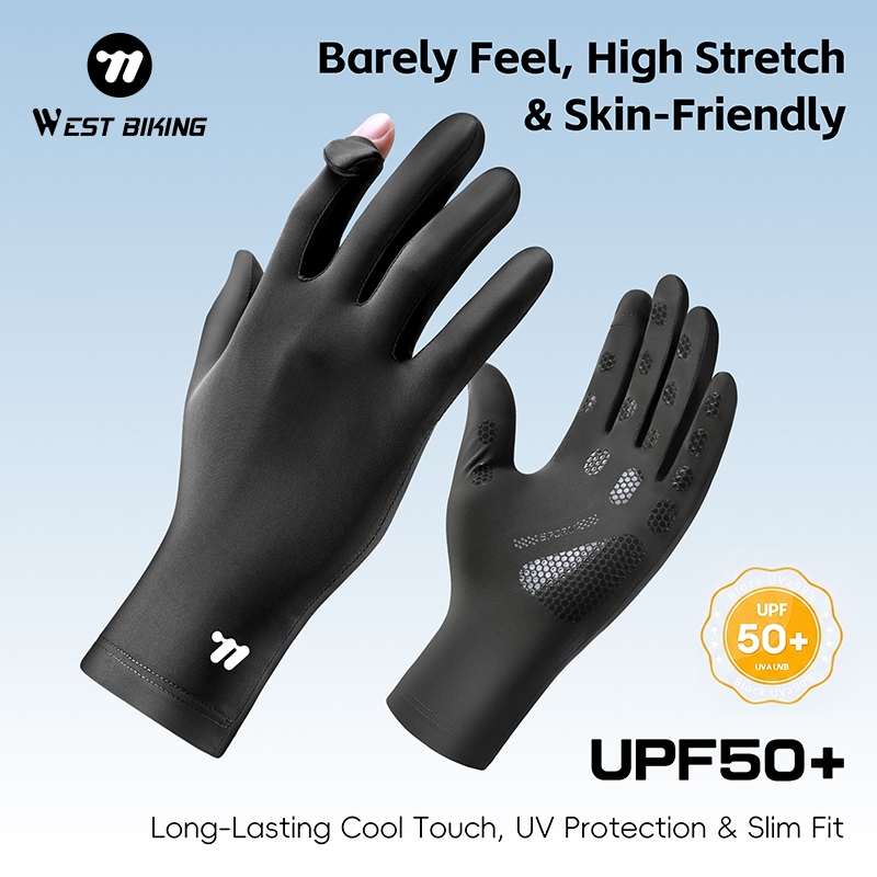 WEST BIKING ถุงมือปั่นจักรยาน ฤดูร้อน กันแดด UPF50+ ถุงมือจักรยาน ระบายอากาศ ผ้า Ice Silk เย็น เต็มนิ้ว สำหรับผู้ชาย ผู้หญิง อุปกรณ์จักรยาน