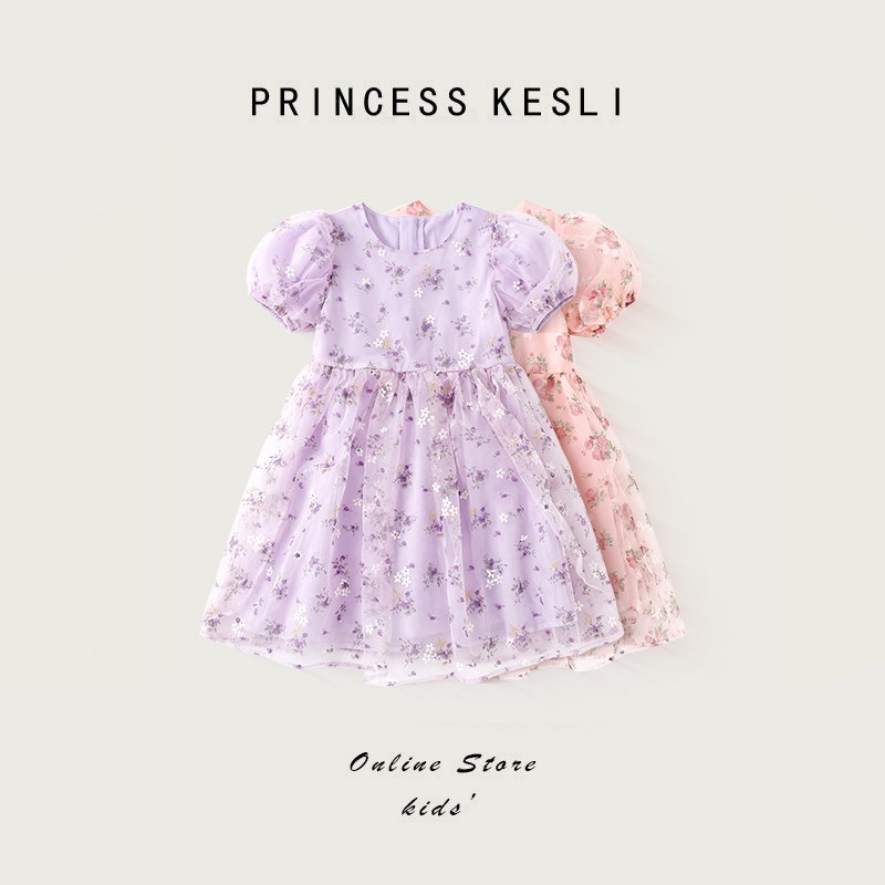 Princess kesli ชุดเดรสเด็กผู้หญิง ชุดเดรสไตล์เจ้าหญิง พิมพ์ลาย3มิติ แขนพัฟ กระโปรงลายดอกน่ารัก 2-12 ปี