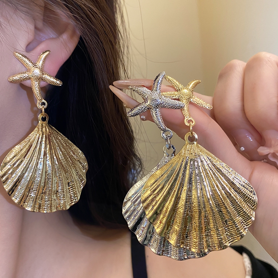 Gold Silver Tone ปลาดาวและเปลือกหอย Drop ต่างหู Ocean สไตล์สําหรับผู้หญิงทุกวันและ Party สวมใส่อุปกรณ์เสริม