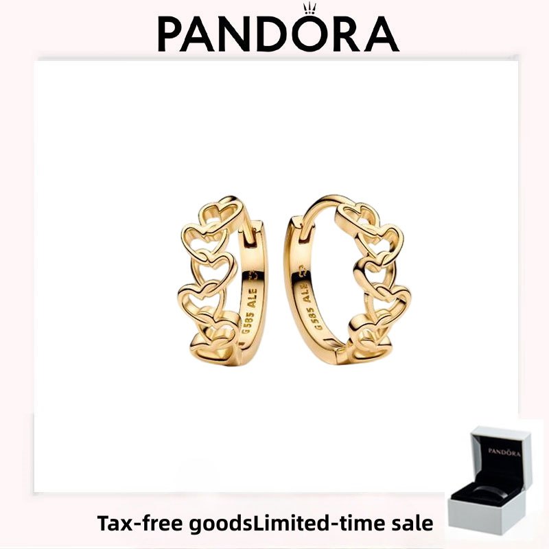 อุปกรณ์เสริม PANDORA (พร้อมกล่อง) ต่างหู Love Holiday หรูหราคุณภาพสูง Pandora Era Linked Hearts Hoop