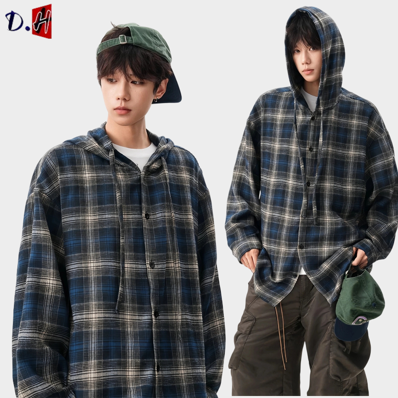🔥D.H🔥 เสื้อเชิ้ตผู้ชาย เสื้อแขนยาวลายตาราง สไตล์อเมริกันเรโทร สีตัดกัน แฟชั่นอินเทรนด์ ทรงหลวม สไตล์ขี้เกียจ ใส่ได้ทั้งชายและหญิง เสื้อเชิ้ตมีฮู้ด M-3XL