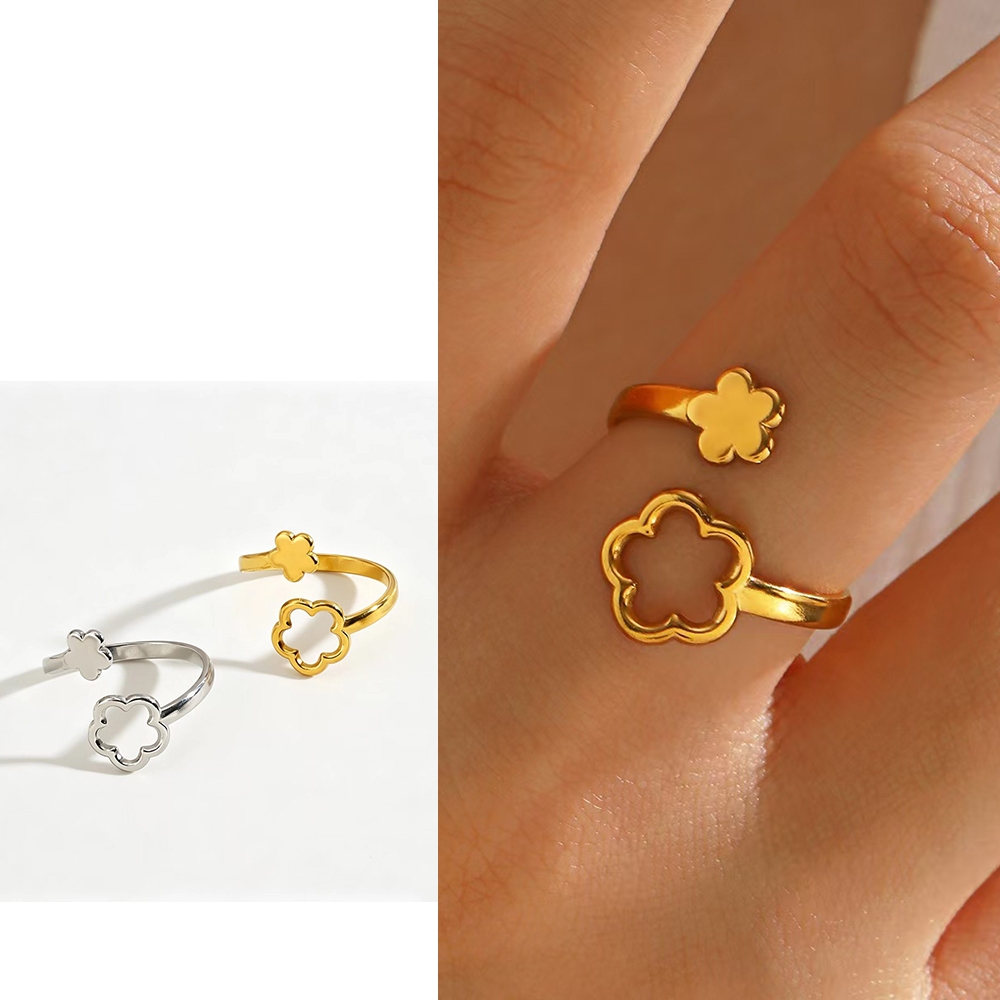 SHINY Hollow Flower แหวนสแตนเลสปรับได้, กันน้ํากันเหงื่อจะไม่จางหายไป, Niche Sweet Casual, เหมาะสําหรับสุภาพสตรี