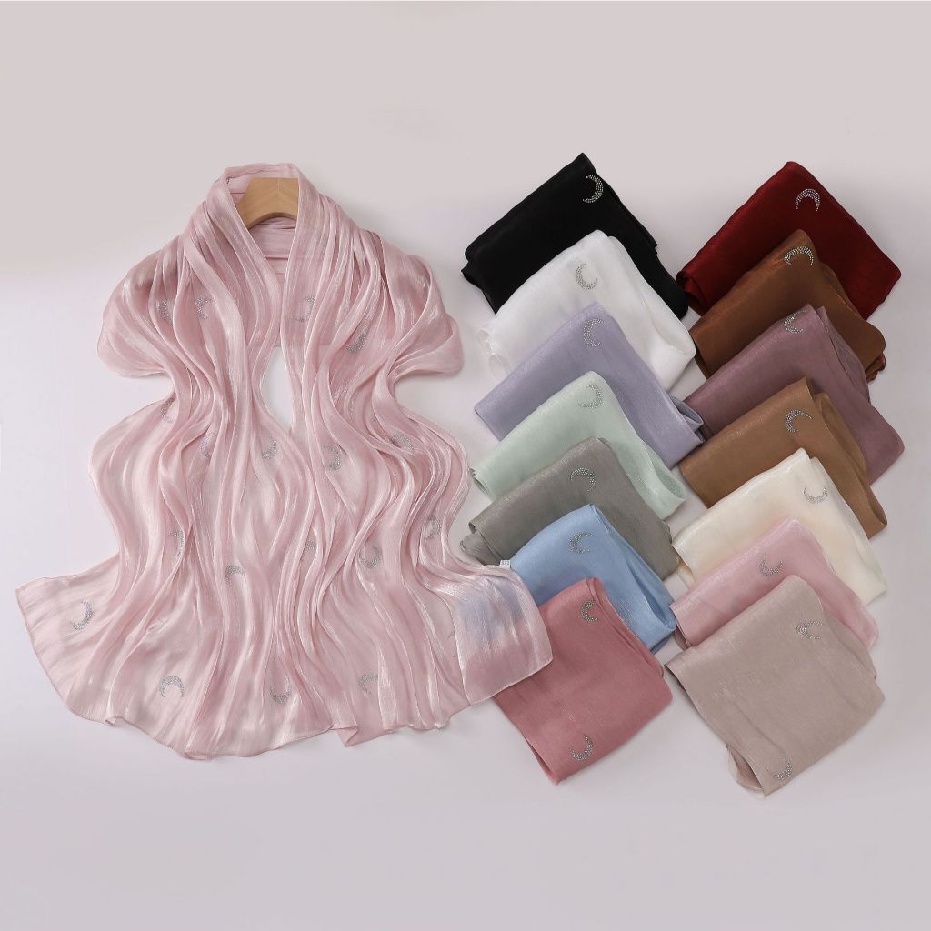Jifang Shimmer Moon Rhinestones ริ้วรอย Crinkle Island ผ้าไหมผ้าคลุมไหล่ Pashmina หัว Wraps Breathab