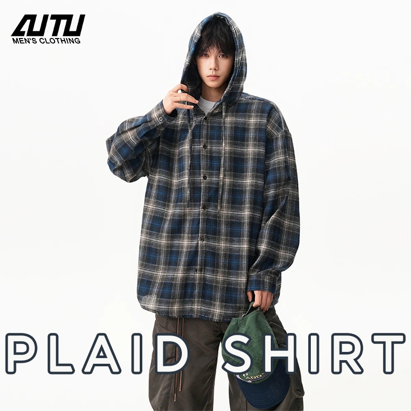 AUTU เสื้อแขนยาว แบบปุ่ม มีฮู้ด เสื้อเชิ้ตลายตาราง นุ่ม ไม่ยับง่าย ความหนาปานกลาง สไตล์สตรีทอเมริกัน สไตล์เกาหลีทรงหลวม ไม่จำกัดเพศ
