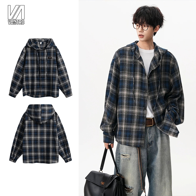 Vantro เสื้อแขนยาว ลายสก๊อต มีหมวก แบบกระดุม  การออกแบบสีตัดกัน สไตล์เกาหลีทรงหลวม ย้อนยุค เข้าได้กับทุกชุด ใหม่ พร้อมส่ง