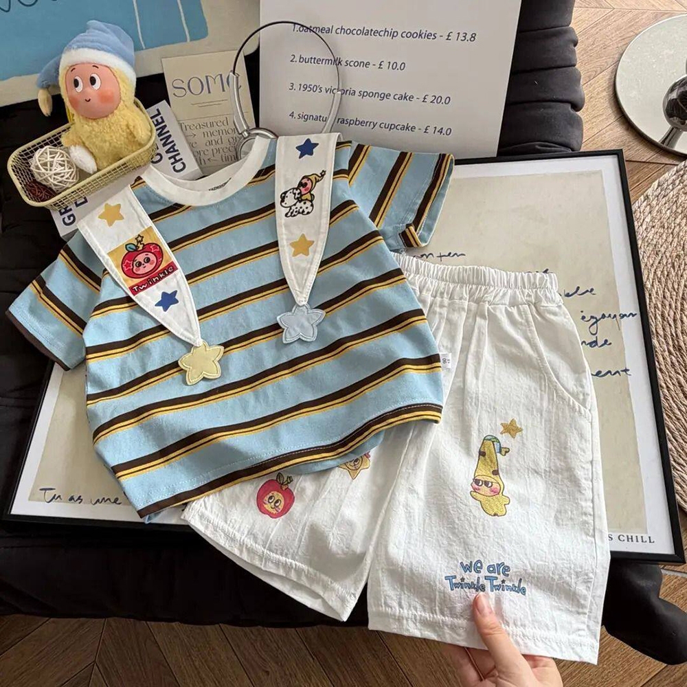 ผ้าฝ้ายเด็กแขนสั้นเสื้อยืด2026ใหม่แฟชั่นแบรนด์อเนกประสงค์สนุกสไตล์ตะวันตกทารกขนาดเล็กและขนาดกลางเด็กชายและเด็กหญิงกางเกงขาสั้นด้านบนชุดฤด