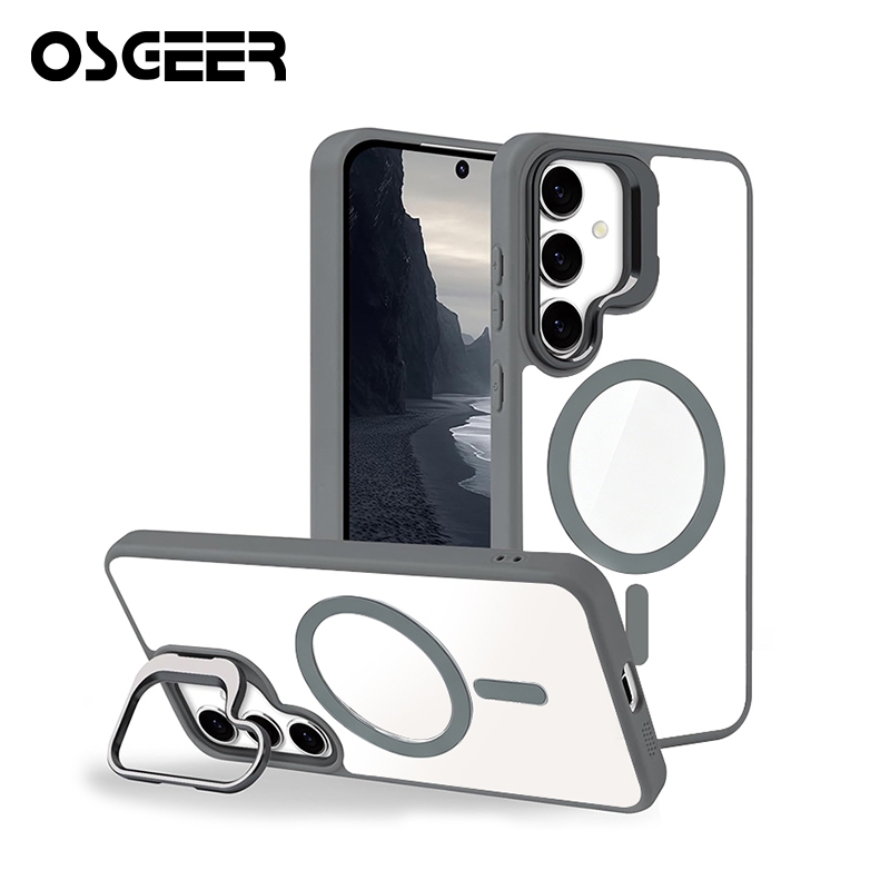 OSGEER สําหรับ Samsung Galaxy S26 S25 S24 Ultra Plus Magnetic Case พร้อมขาตั้งในตัวที่วางแหวนกล้อง Stash Kickstand Slim Frosted Matte Cover Anti-Fingerprint,โปร่งแสงสีเทา