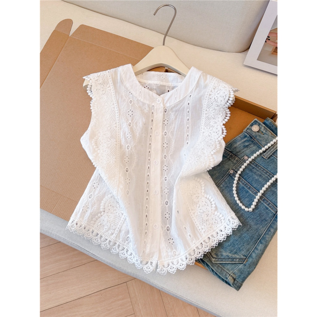 คอกลม Single-Breasted Cutout ปักลูกไม้เสื้อแขนกุดหลวม 101224