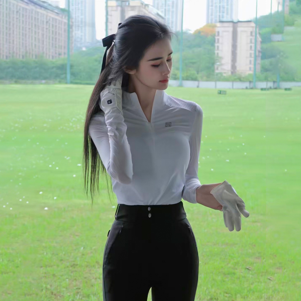 ฤดูร้อนสไตล์ใหม่เสื้อผ้ากอล์ฟสําหรับสุภาพสตรีที่มีคอตั้งแขนยาวนุ่มสบายแห้งเร็วระบายอากาศแฟชั่นและอเนกประสงค์ชุดกีฬาคุณภาพสูง