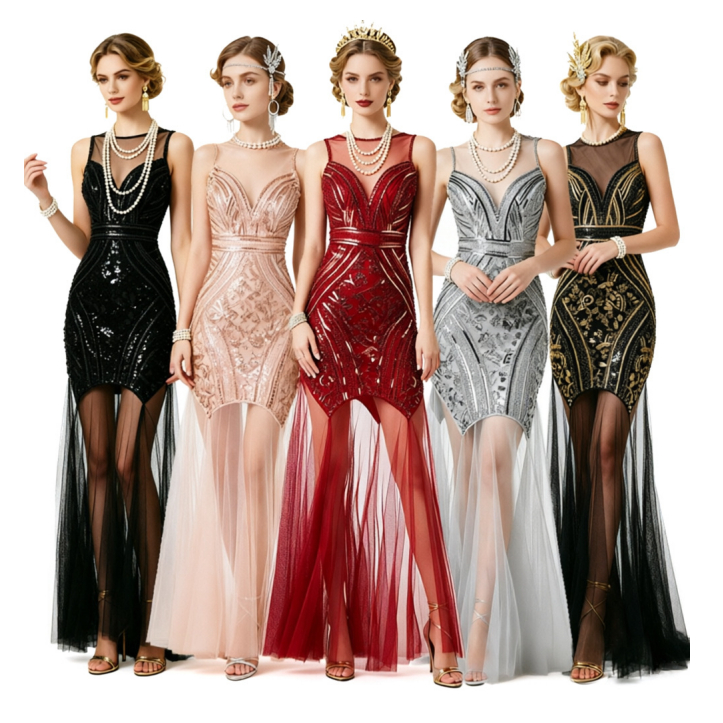 Great GatsbyDresses 1920s เลื่อม Flapper Dress ยาว, Beaded Tulle ชุดราตรี, Roage 20s Vintage Party D