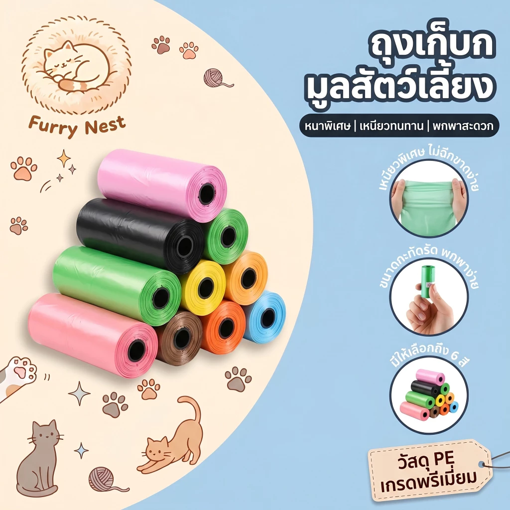 【Furry Nest】สัตว์เลี้ยงอุจจาระกระเป๋าสัตว์เลี้ยงอุจจาระถุงเก็บสุนัขอุจจาระแมวสัตว์เลี้ยงถุงขยะ1ม้วน/15ชิ้น