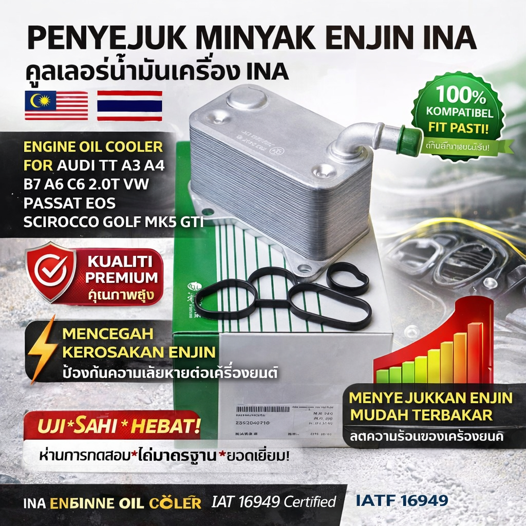 INA ENGINE OIL COOLER สําหรับ AUDI TT A3 A4 B7 A6 C6 2.0T VW PASSAT EOS SCIROCCO GOLF MK5 GTI OE 06D