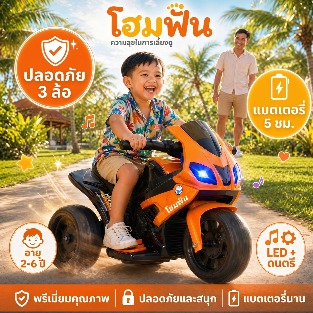 HOMEFUN รถแบตเตอรี่เด็ก รถมอไซต์ รถไฟฟ้าเด็ก รถมอเตอร์ไซค์ไฟฟ้า เด็ก มีเพลง มีไฟหน้า รถของเล่นเด็ก 2-6ขวบ ความจุแบริ่ง 50KG