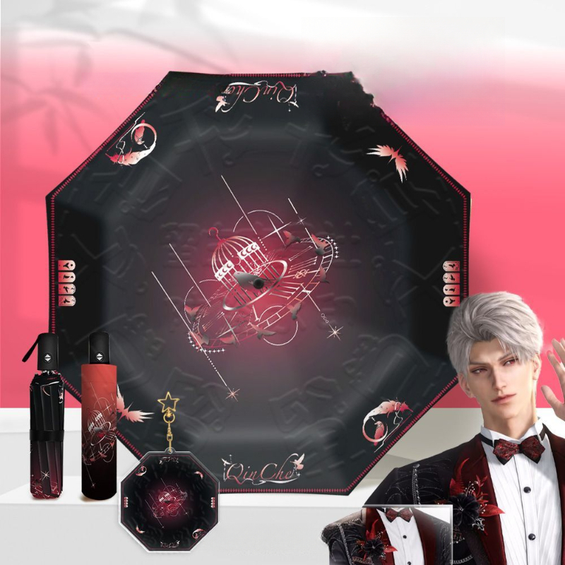 ร่มอัตโนมัติความรักและพื้นลึก Xavier, Zayne, Sylus, Rafayel, Caleb, UPF 50+ เคลือบไวนิลสีดําป้องกันรังสียูวี, 8 ซี่โครง 3 พับผู้ใหญ่ร่มกันแดดและฝน F3GU