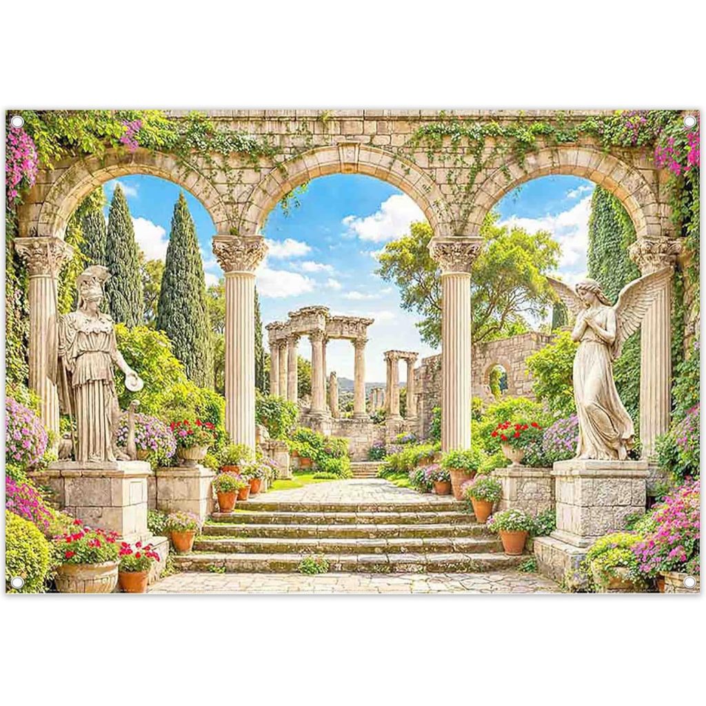 7x5ft กรีกโรมการถ่ายภาพฉากหลังโบราณ Greece Palace หิน Arch เสา Ruins รูปปั้นโรแมนติก Garden พื้นหลังคริสตจักรโรงเรียนตกแต่ง Photo Props